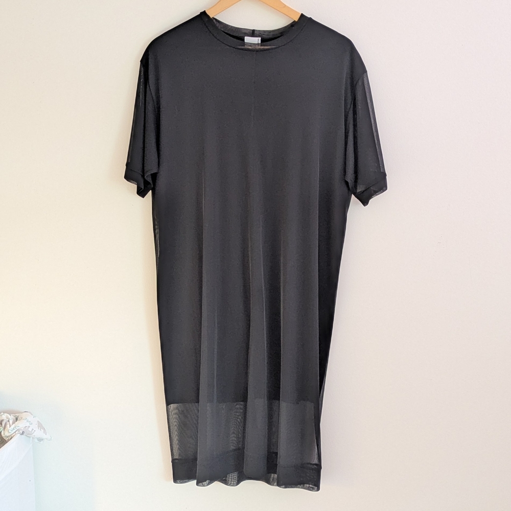 Complex Geometries M Women's Black Sheer Overlay Short Sleeve Shift Midi Dress